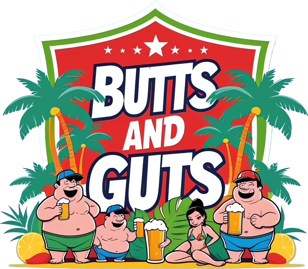 Cartoon dads with beers under palm trees in front of the Butts and Guts shield